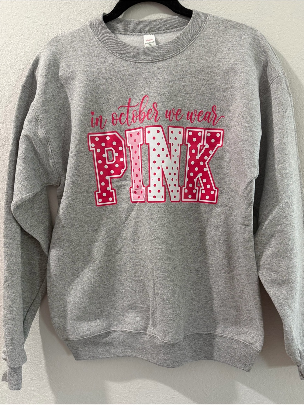 Breast Cancer Awareness Hanes Gray Warm Sweatshirt PINK Polkadot Graphic Small